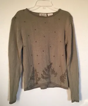 Olive green embroidered beaded detail sweater size small | Kathie Lee Collection thumbnail 1