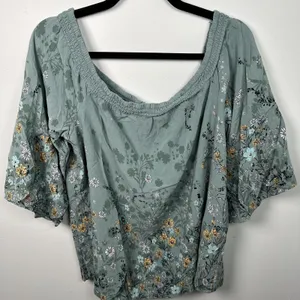 Maurices XL Blouse Womens Boho Green Floral Stretch‎ Neckline Off Shoulder thumbnail 11