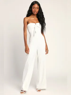 Lulus Ready to Impress White Strapless Tie-Front Wide-Leg Jumpsuit XS thumbnail 2