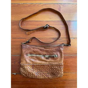 Langellotti Woven Leather Crossbody Bag Brown Made Italy Boho Cognac thumbnail 3