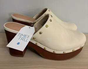 Time and Tru New! Ivory Platform Clog Mules with Gold Studs size 8 thumbnail 1