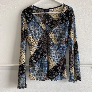 Y2k vintage boho floral patchwork blouse long sleeve blue brown tan large thumbnail 1