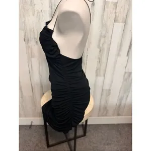 Black Ruched Bodycon Mini Dress Halter Neck Tie Back Stretchy Party Dress Size L thumbnail 3
