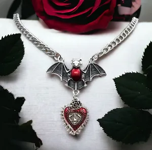 Gothic Red Bat Devil Eye Heart Pendant Silver Plated‎ Necklace Fashion Jewelry thumbnail 1