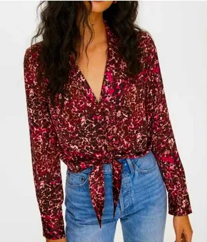 Wilfred Aritzia Silky Tie Front Button Down Abstract Brown Fuschia Blouse Small thumbnail 1