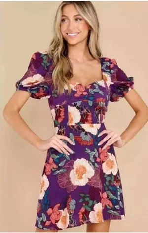 Band of the Free NWT Aimee Purple Floral Puff Sleeve Mini Smocked Boho Large thumbnail 1