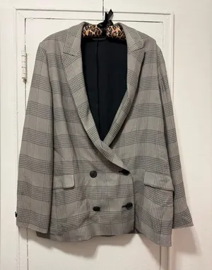 ALLSAINTS 8 Black & Cream Viscose Plaid Double Breast Oversized Blazer vintage thumbnail 1