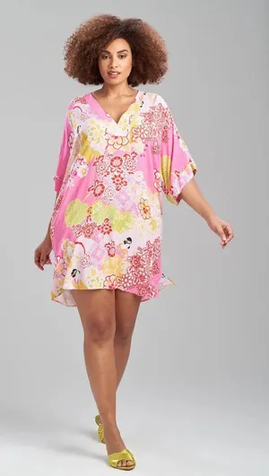 Natori Pink Floral Rayon Caftan Sleeve V-Neck Medium thumbnail 1