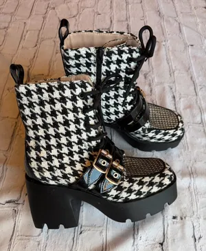 Betsey Johnson Y2K Chunky Platform Boot Houndstooth Black White Buckle Bratz 6.5 thumbnail 1