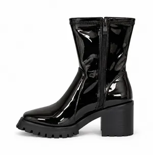 Slowline Black Patent Leather Lug Sole Square Toe Chunky Heeled Ankle Boots NWOT thumbnail 1