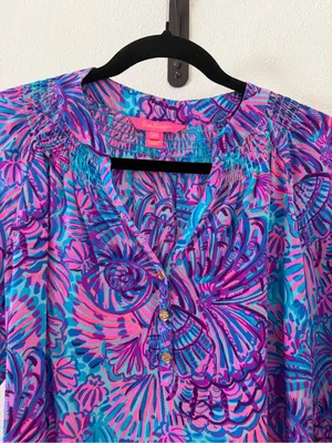 Lilly Pulitzer Silk Elsa Top Shelleidoscope Print Turquoise Oasis thumbnail 3