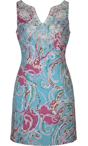 Lilly Pulitzer Blue Pink Abstract Soutache V-Neck Shift Dress Size‎ 0 thumbnail 1