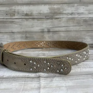 Studded Rhinestone Leather Belt 110CM 36.5" Tan Silver tone Western Glam Bling thumbnail 5
