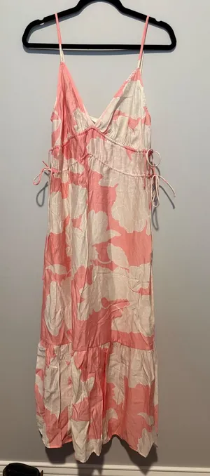 HM Pink Cream Floral Maxi Dress Small V-Neck Side Tie Tiered Ruffle Summer Boho thumbnail 1