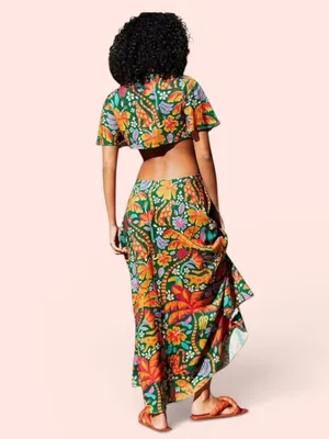 Farm Rio Tropical Cutout Maxi Dress in Green with Pink Orange Floral Print S XL thumbnail 2