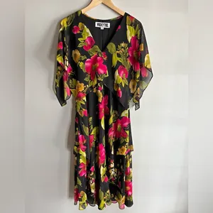 Vicky Tiel Black Floral Chiffon Midi Dress Flutter Sleeve Wedding Guest M thumbnail 3