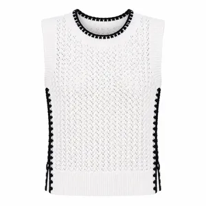 Open Knit Sweater Vest Size Small White Black‎ Contrast Trim Sleeveless Layering thumbnail 9