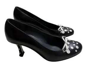 Stuart Weitzman Polka Dot Round Toe High Heels 6.5 Medium Black White Leather thumbnail 1