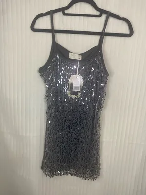 Sparkling Dark Gray Sequin Spaghetti Strap Tank Black Size L thumbnail 2