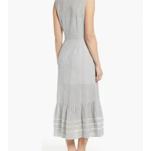Caslon Striped Cotton Midi Dress Gray White Sleeveless Ruffle Summer M coastal thumbnail 2
