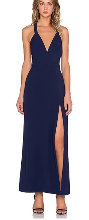 Revolve NBD Night Fever Plunging Neckline Navy Blue Slit Maxi Dress Size S thumbnail 1