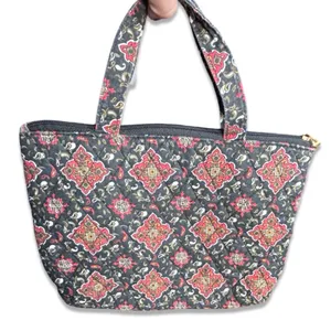 Quilted Cotton Mini Tote Bag Black Red Medallion Zip Top Boho Travel Purse thumbnail 7