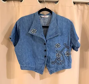 Bar N Nome Vintage-Style Blue Denim Embroidered Short Sleeve Top thumbnail 1