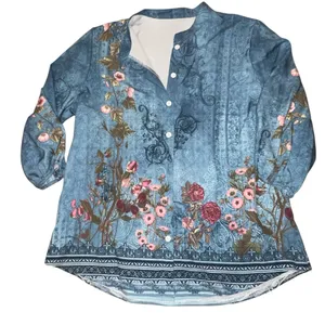Blue faded look top with floral design. thumbnail 5