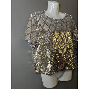 Mi Ami Blouse Womens Medium Gold Sequin Argyle Cropped Top Party Holiday thumbnail 3