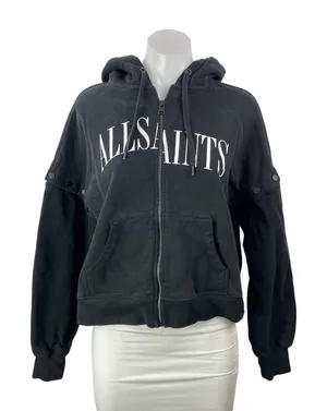 AllSaints Women's Black Spell Out Logo Zip Hoodie Hooded Sweatshirt Top Size S thumbnail 1