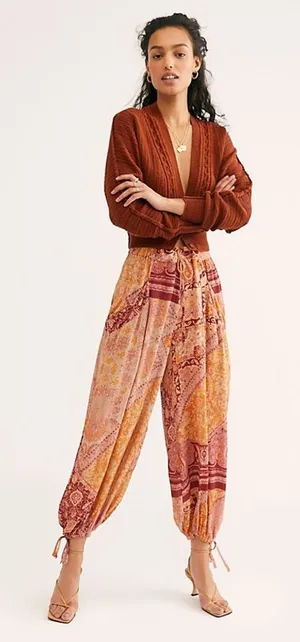 Free People Begonia Balloon Pants Boho Patchwork Harem Cropped Rayon Size Small thumbnail 1