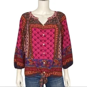 New Direction Boho Floral Button Front Tie Hem Top Pink Purple Print Size L thumbnail 2