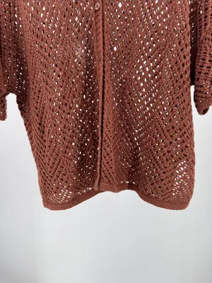 wild fable Brown metallic Open-Knit short sleeve crocheted Sweater L button up thumbnail 9