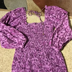 Free People Romantic Floral Smocked Mini Dress‎ Womens M Purple Puff Sleeve Boho thumbnail 6