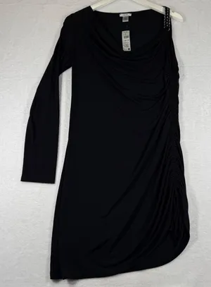 Cache Womens Black‎ One Shoulder Ruched Knit Tunic Shirt Chain Detail Size L NEW thumbnail 1