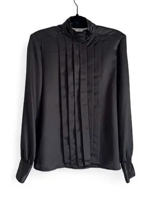 Vintage Women's Black Satin Blouse with Pleated Front Women’s Sz 10 Classic Chic thumbnail 1