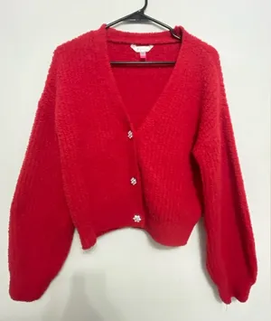 No Boundaries Red Knit Cardigan Rhinestone Buttons Size L (11–13) (A189)✨ thumbnail 1