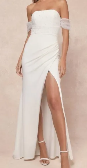 NEW Lulus Luxe Bridal Profound Glamour Pearl Off-the-Shoulder Wedding Dress thumbnail 1