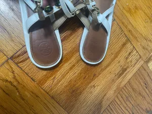 Tory Burch White T-Strap Sandals with Green Gemstones thumbnail 6