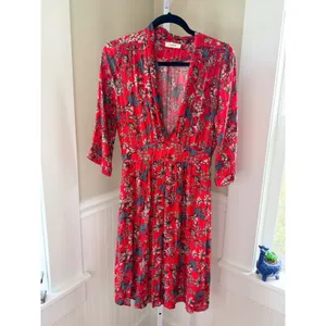 ba&sh Red Floral Lurex Midi Dress‎ V-Neck Front Slit Small thumbnail 2