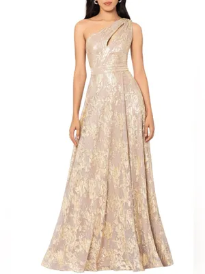 NWT BETSY AND ADAM "MARIAH" Gold FOIL KNIT ONE SHOULDER DRESS thumbnail 5