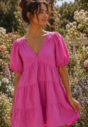 Xirena Nissa Hot Pink Cotton Puff Sleeve Short Sleeve Dress S Romantic Pop Party thumbnail 1