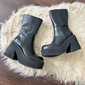 Chunky Black Faux Leather Platform Gothic Destroyer mid calf boots US 8 thumbnail 2