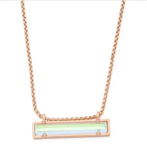 Kendra Scott Leanor Rose Gold Chain Dichroic Glass Rainbow Bar Pendant Necklace thumbnail 2