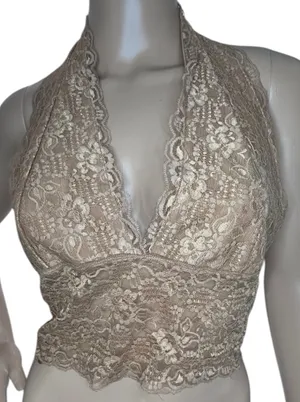 VeVinice Beige Floral Pattern Lace Halter V-Neck Bralette Crop Top thumbnail 1