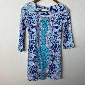 Lilly Pulitzer Blue Floral Printed Mini‎ Dress 3/4 Sleeves Boatneck Women’s XXS thumbnail 6