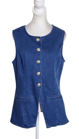 Sugar Lips Medium Wash Denim Vest with Gold Tone Buttons Size Large thumbnail 1