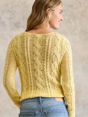 Garnet Hill Linen & Organic-Cotton Cabled Pullover Sweater Sunlight XL thumbnail 2