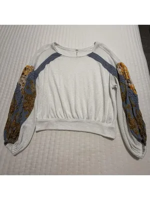 Free People M Medium White & Blue Shirt Top Floral Print Balloon Sleeves Boho thumbnail 14