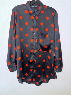 Zara Black Satin Button-Up Blouse with Red Polka Dots thumbnail 1